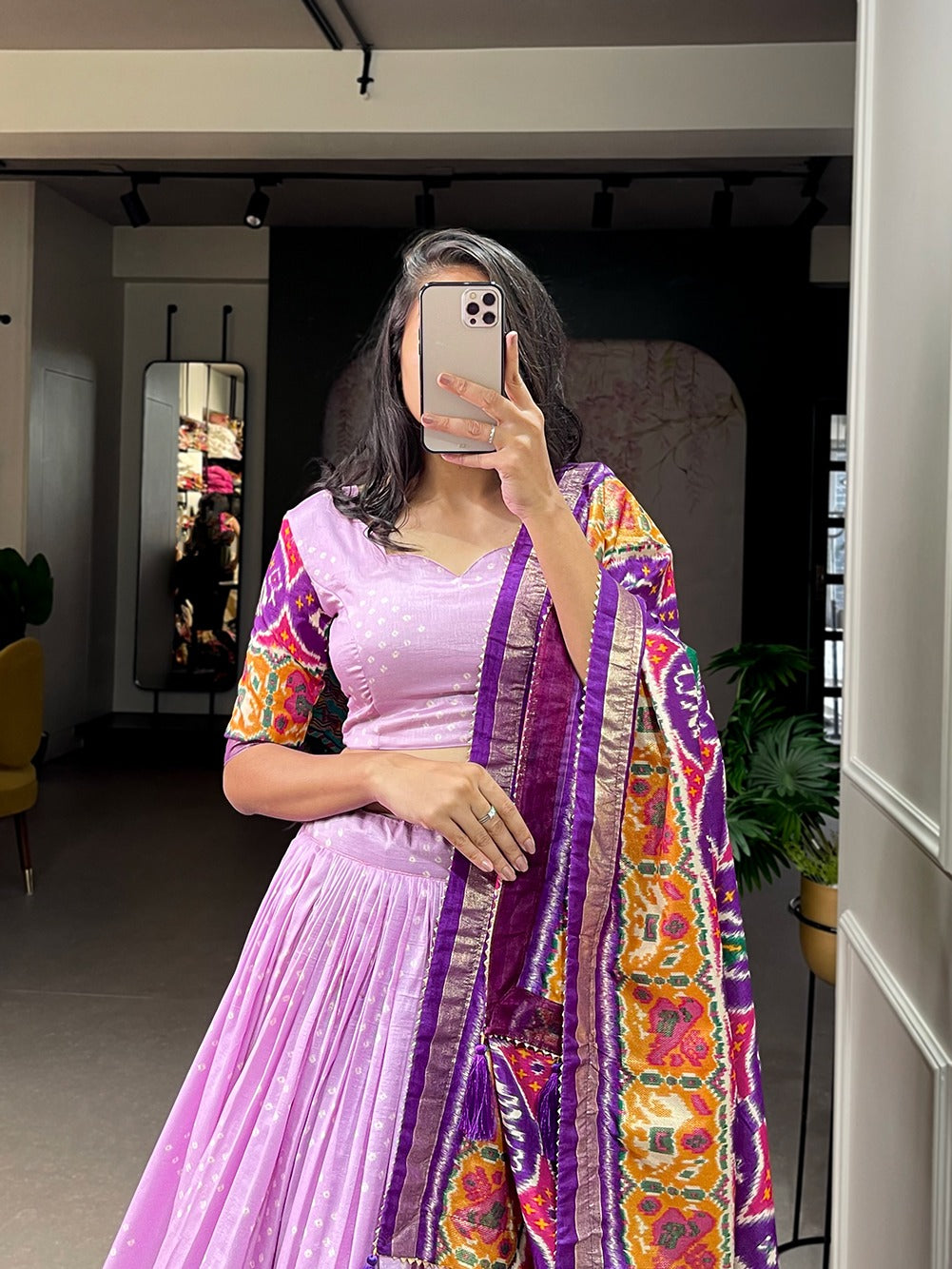 Women's wear Ghagra choli Tussar silk fabric with Patola print work lehenga with Dupatta