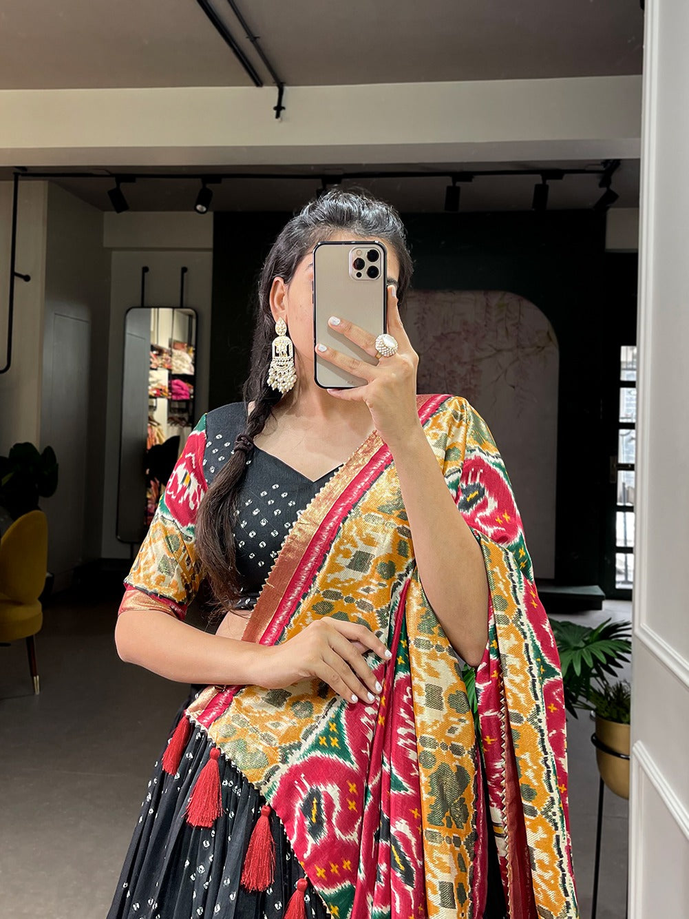 Women's wear Ghagra choli Tussar silk fabric with Patola print work lehenga with Dupatta