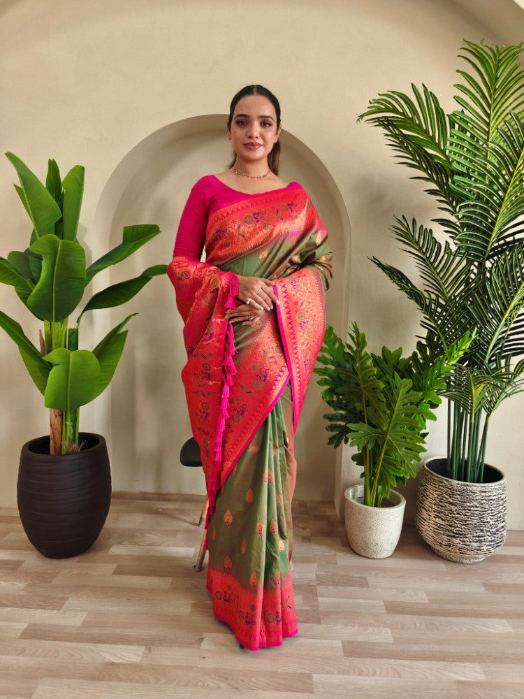Paithani silk saree Zari weaving with peacock motifs and meenakari border work Tassels saree