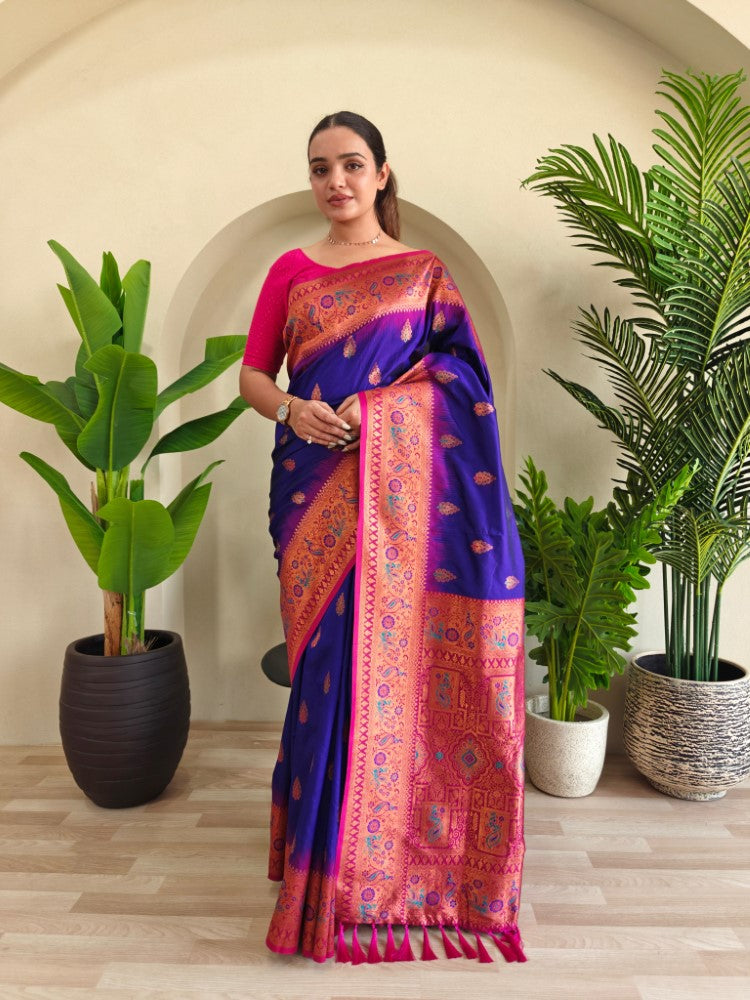 Paithani silk saree Zari weaving with peacock motifs and meenakari border work Tassels saree