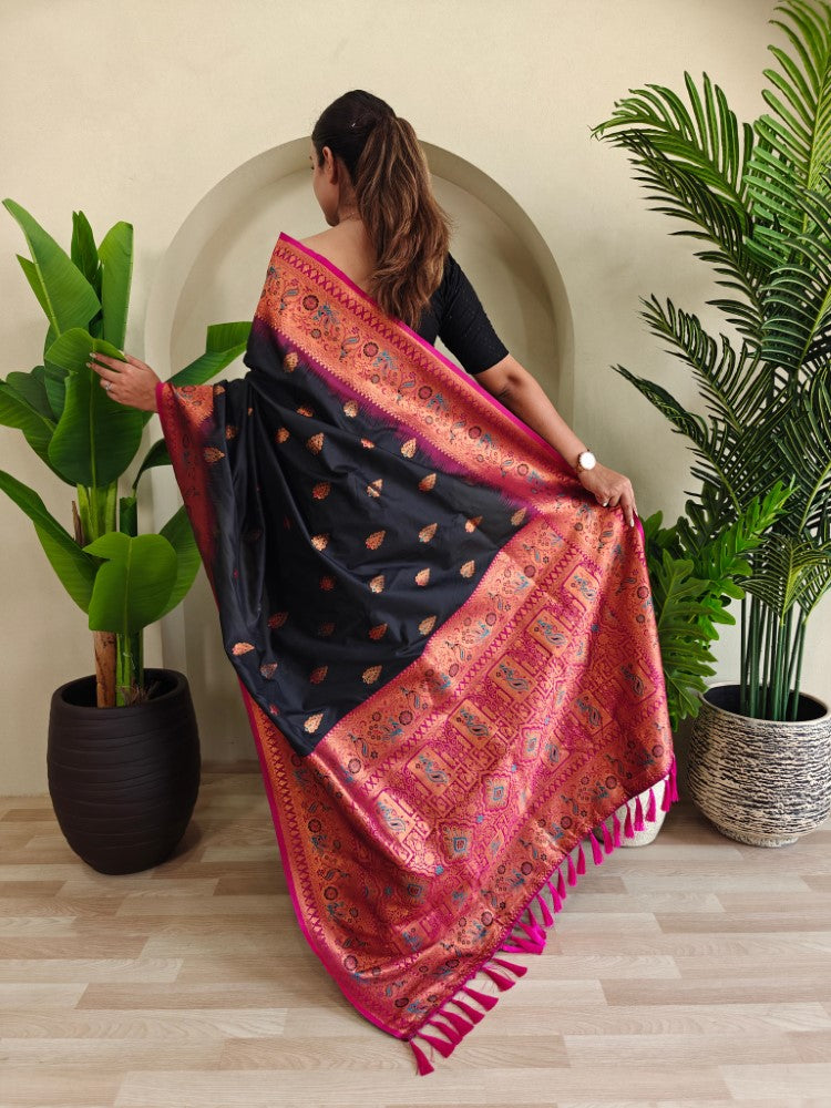 Paithani silk saree Zari weaving with peacock motifs and meenakari border work Tassels saree