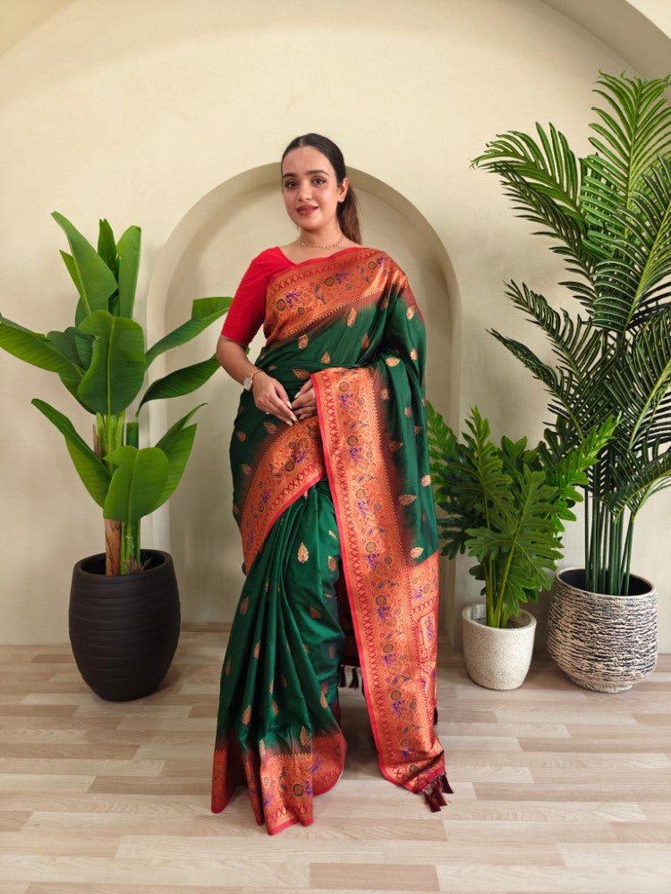 Paithani silk saree Zari weaving with peacock motifs and meenakari border work Tassels saree