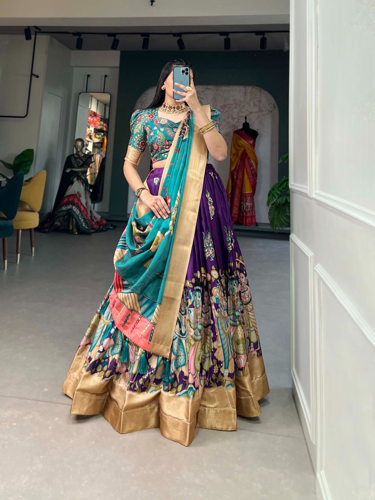 Indian ethnic Lehenga choli Dola silk fabric Kalamkari print work Weaving border lehenga with dupatta