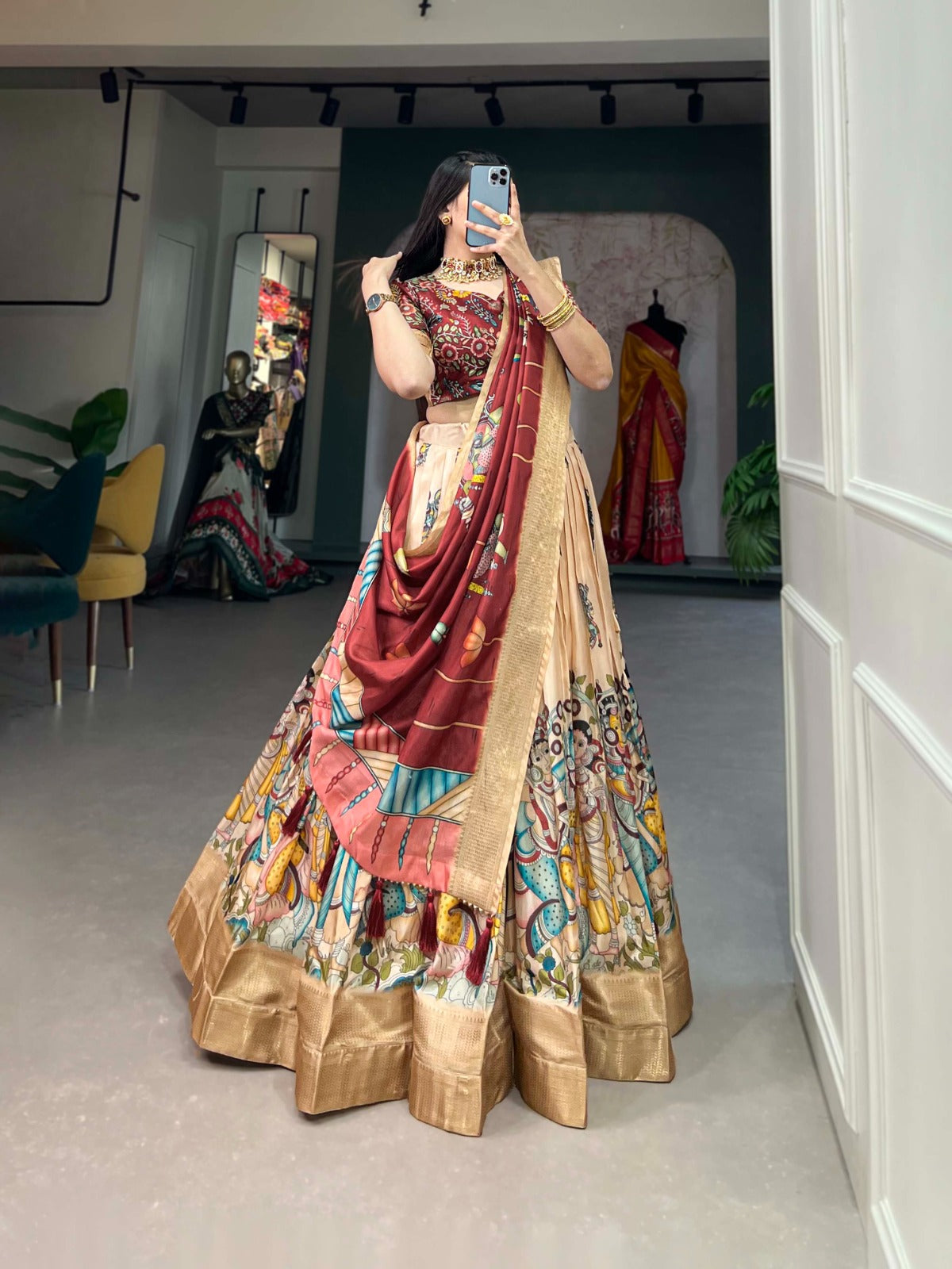 Indian ethnic Lehenga choli Dola silk fabric Kalamkari print work Weaving border lehenga with dupatta