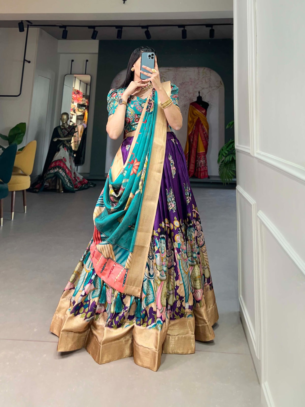 Indian ethnic Lehenga choli Dola silk fabric Kalamkari print work Weaving border lehenga with dupatta