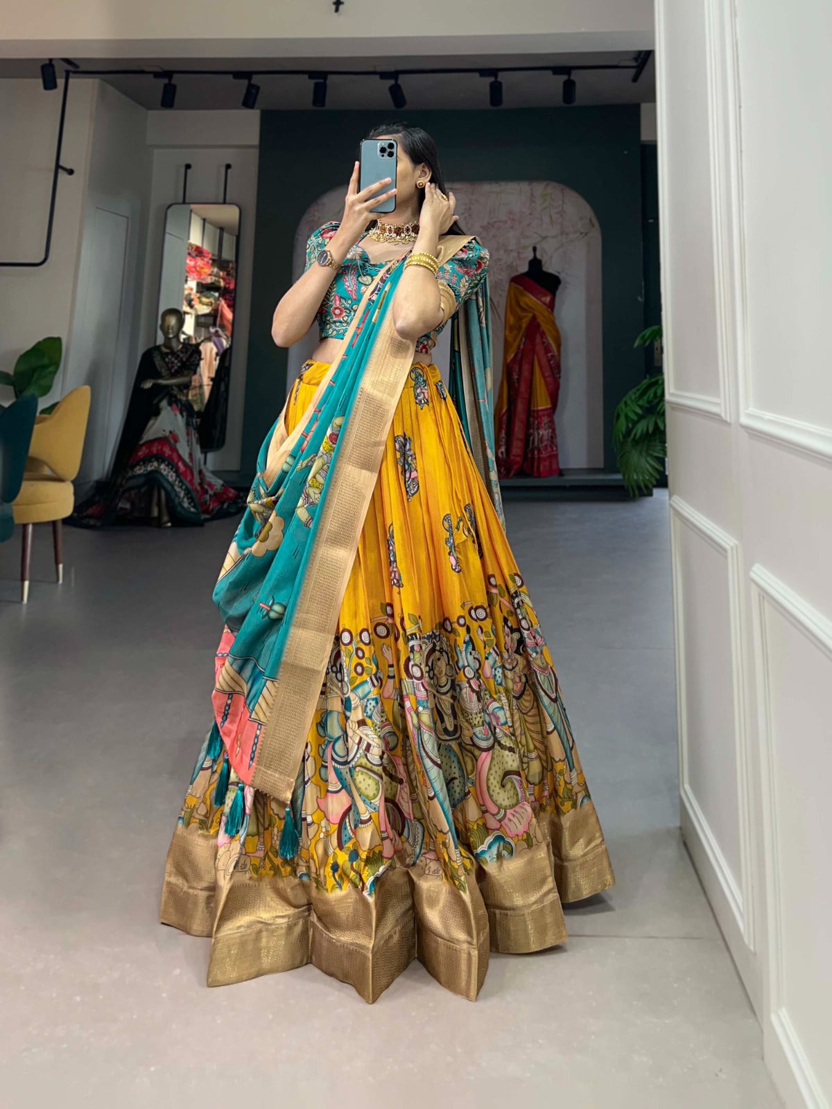 Indian ethnic Lehenga choli Dola silk fabric Kalamkari print work Weaving border lehenga with dupatta