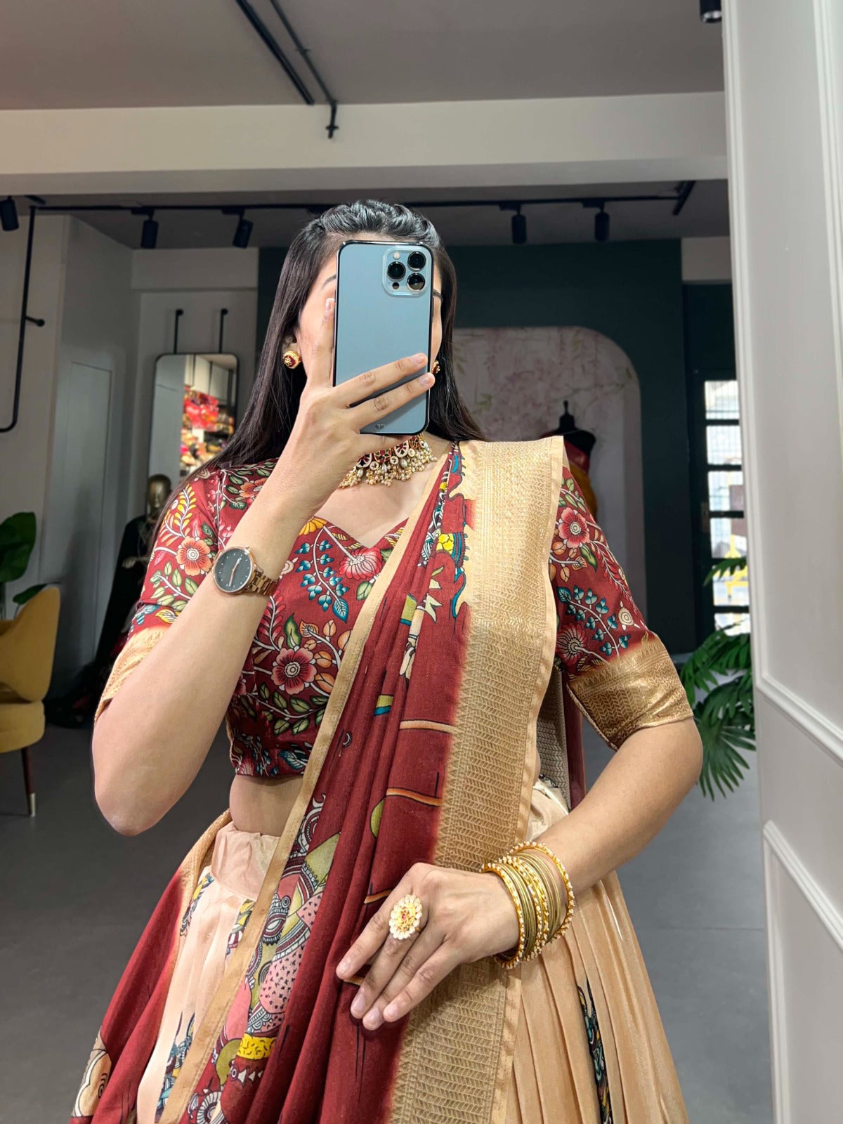 Indian ethnic Lehenga choli Dola silk fabric Kalamkari print work Weaving border lehenga with dupatta