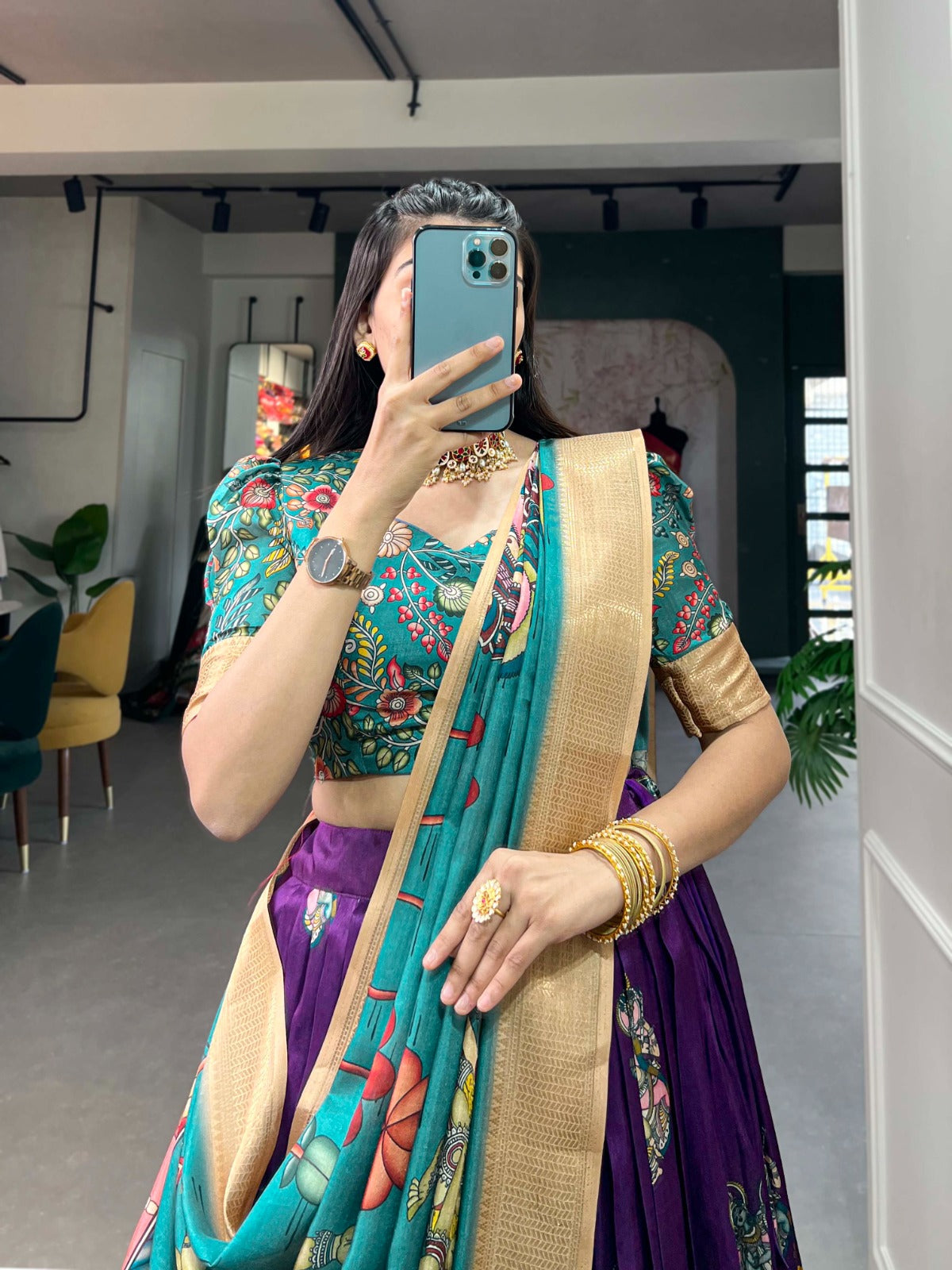 Indian ethnic Lehenga choli Dola silk fabric Kalamkari print work Weaving border lehenga with dupatta