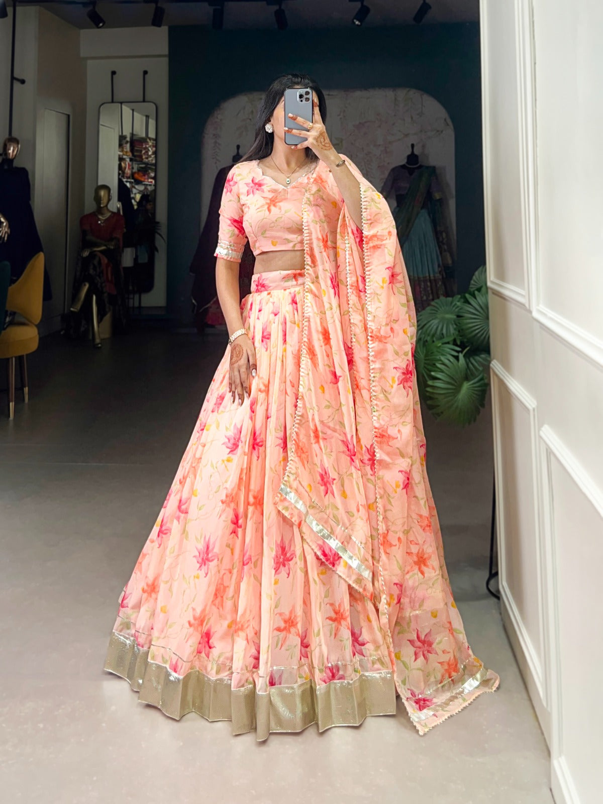 Indian ethnic Tabby silk lehenga Floral printed lehenga choli with Dupatta