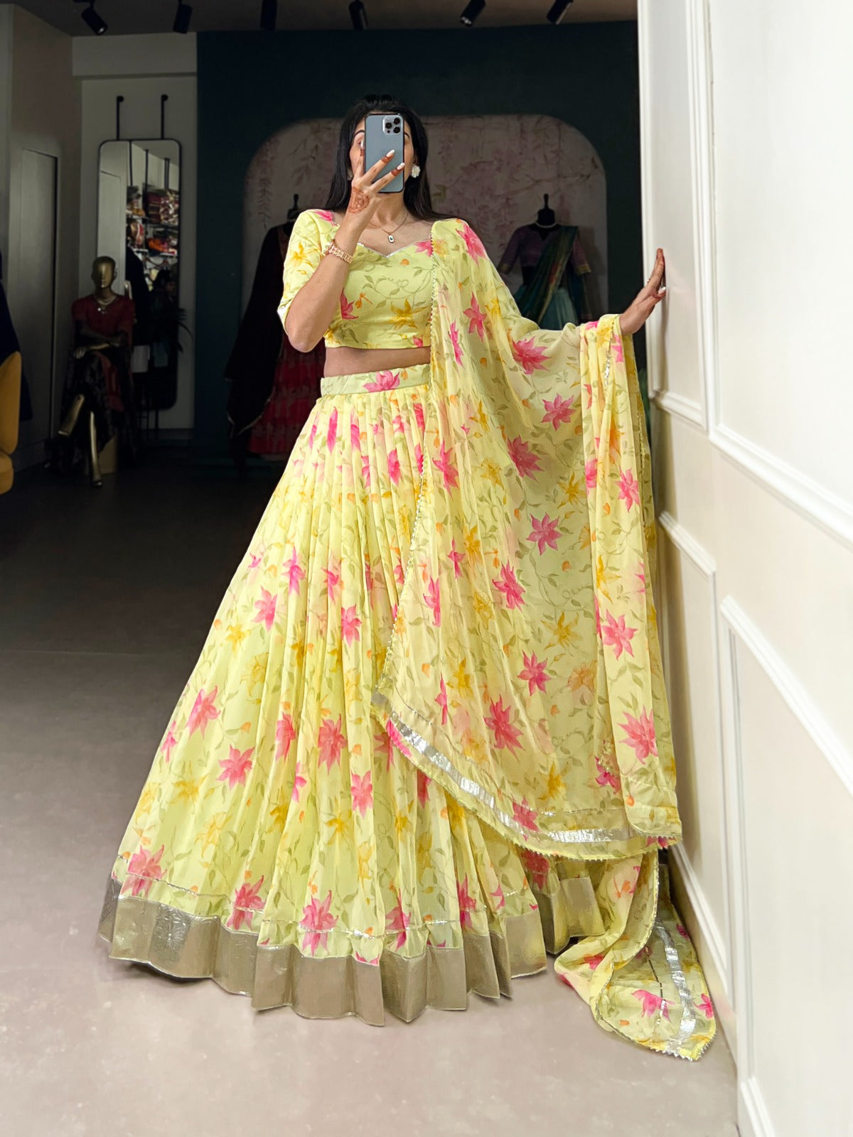 Indian ethnic Tabby silk lehenga Floral printed lehenga choli with Dupatta