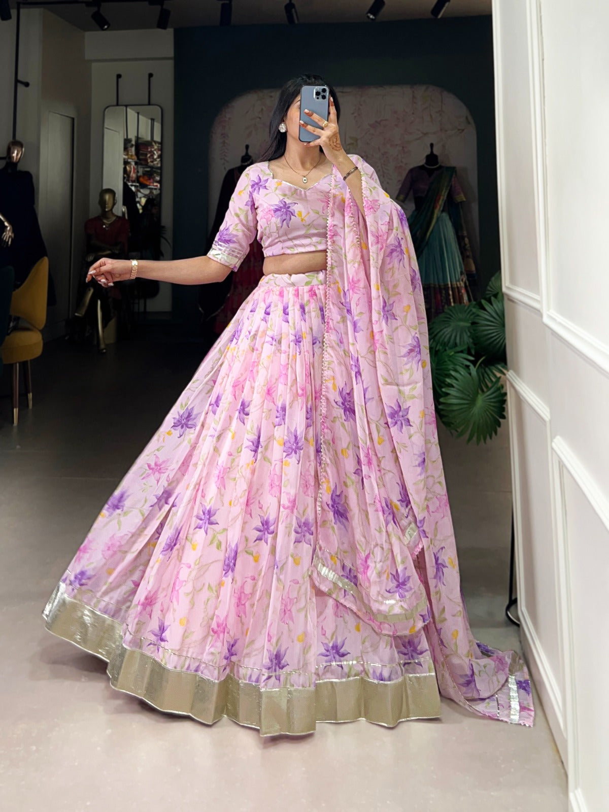 Indian ethnic Tabby silk lehenga Floral printed lehenga choli with Dupatta