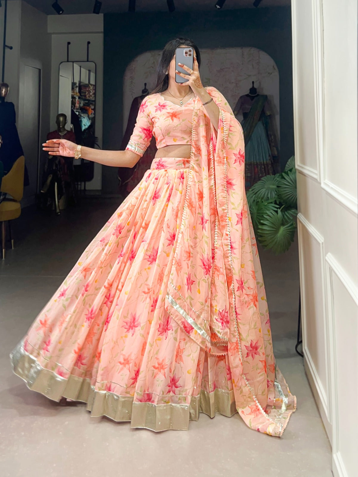 Indian ethnic Tabby silk lehenga Floral printed lehenga choli with Dupatta