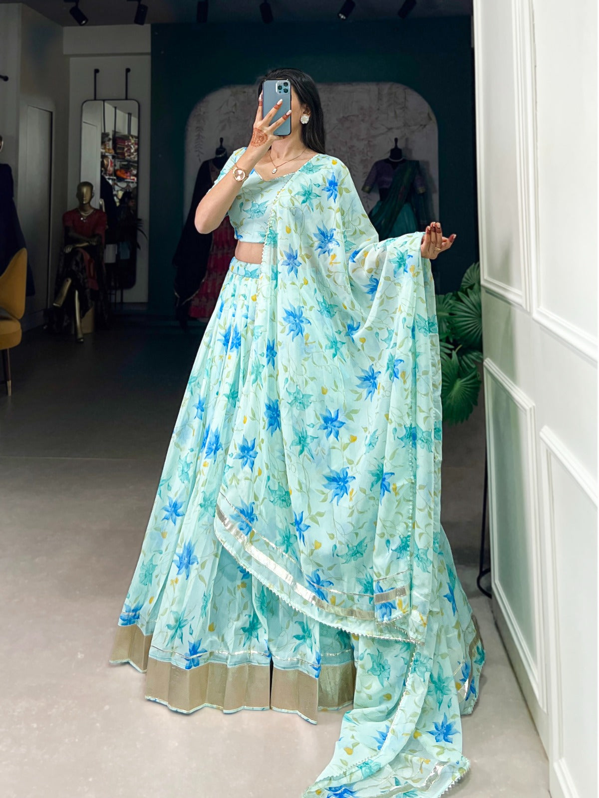 Indian ethnic Tabby silk lehenga Floral printed lehenga choli with Dupatta