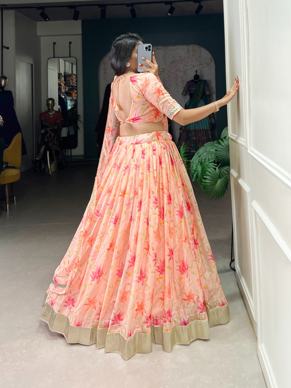 Indian ethnic Tabby silk lehenga Floral printed lehenga choli with Dupatta