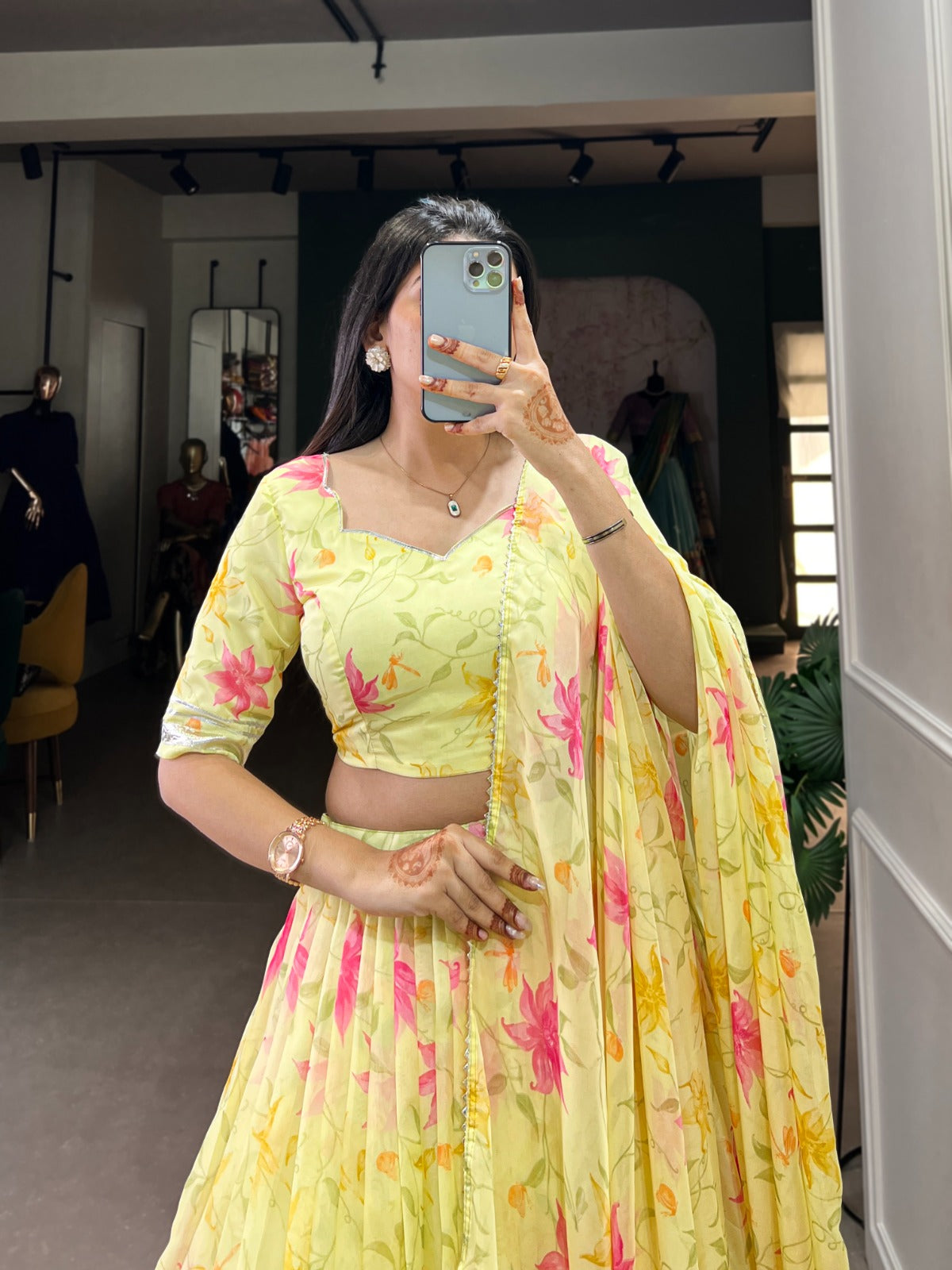 Indian ethnic Tabby silk lehenga Floral printed lehenga choli with Dupatta
