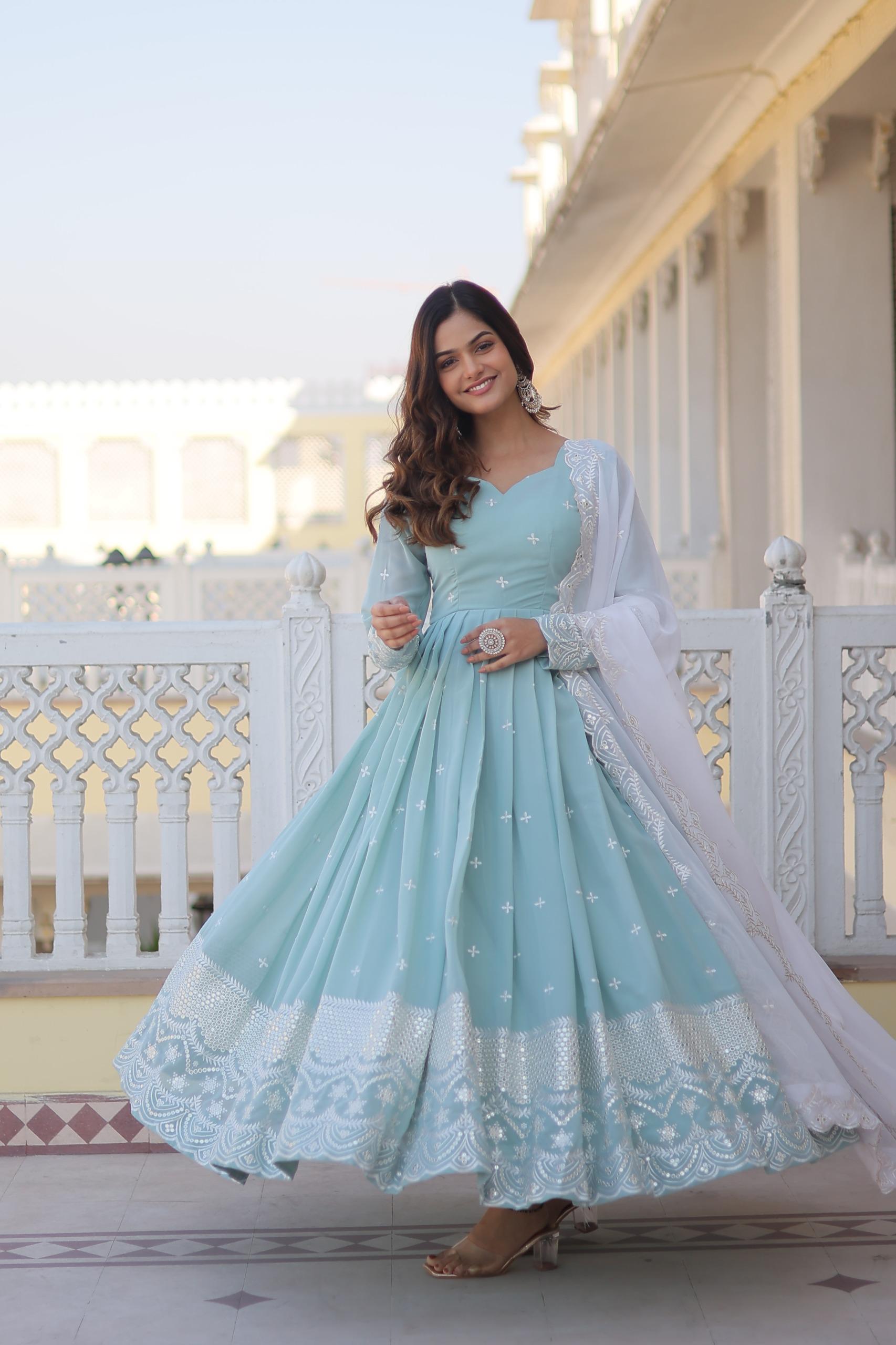 Sky color gown Embroidered work Gown with Dupatta Set