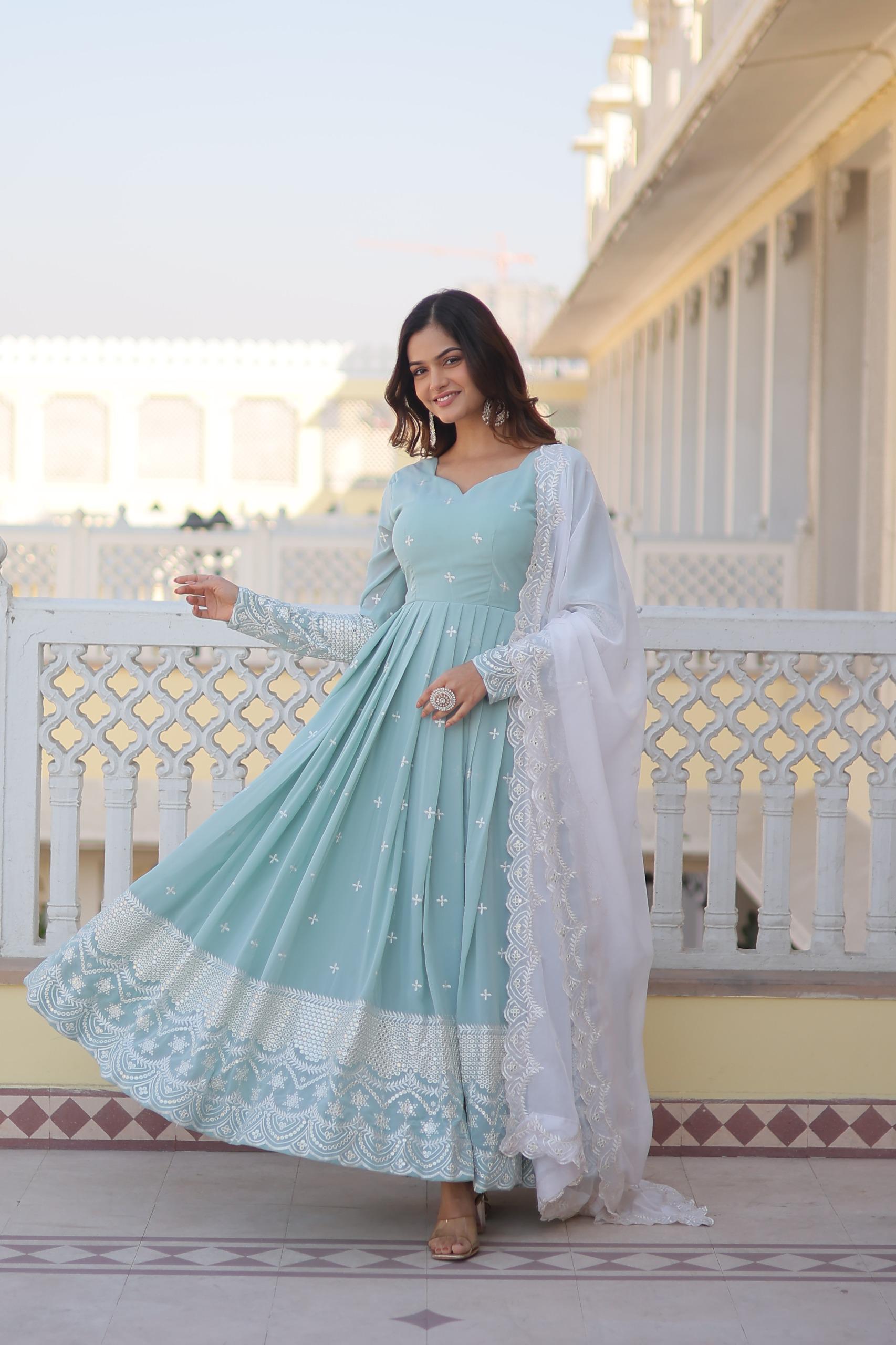 Sky color gown Embroidered work Gown with Dupatta Set