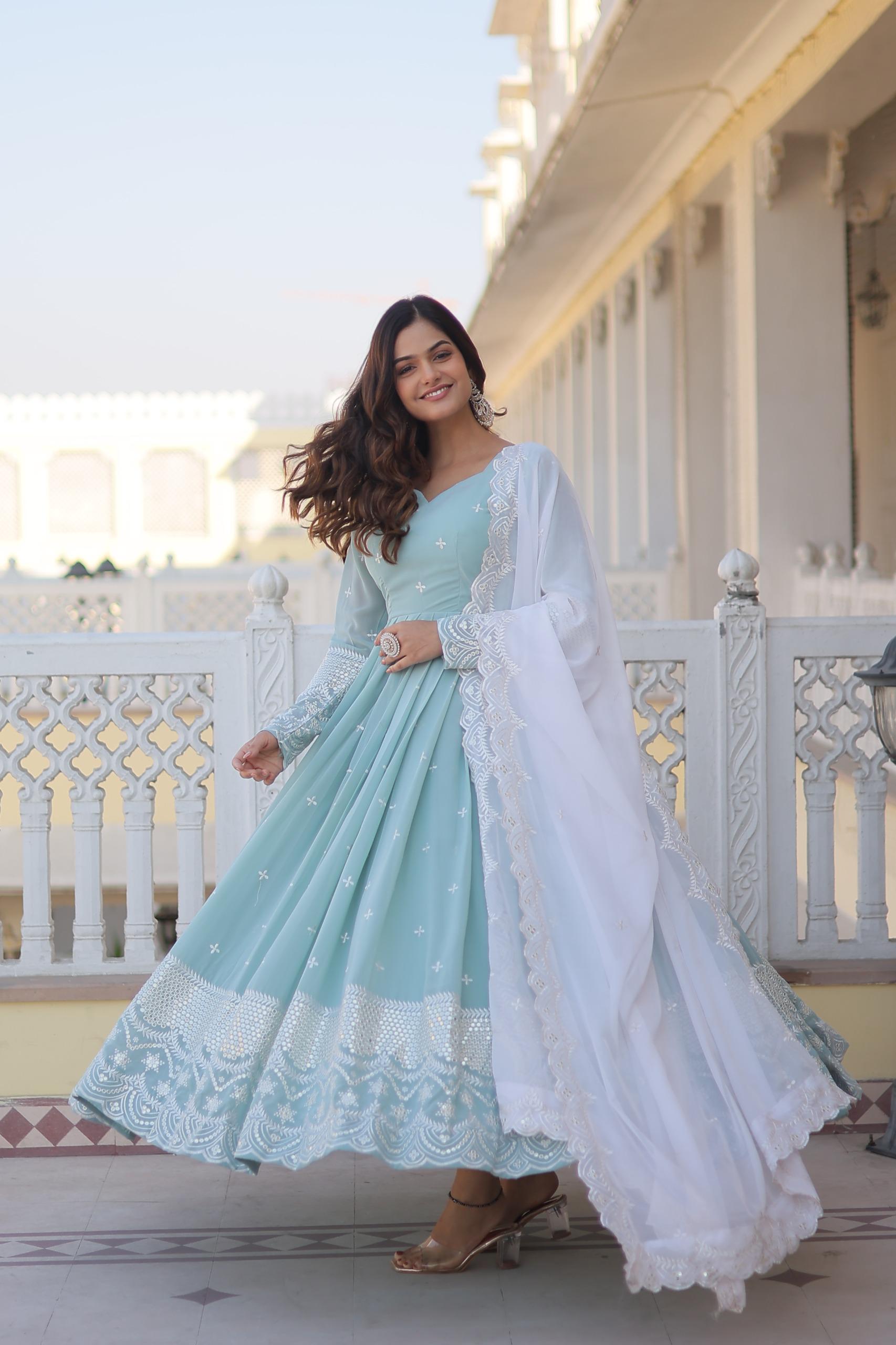 Sky color gown Embroidered work Gown with Dupatta Set