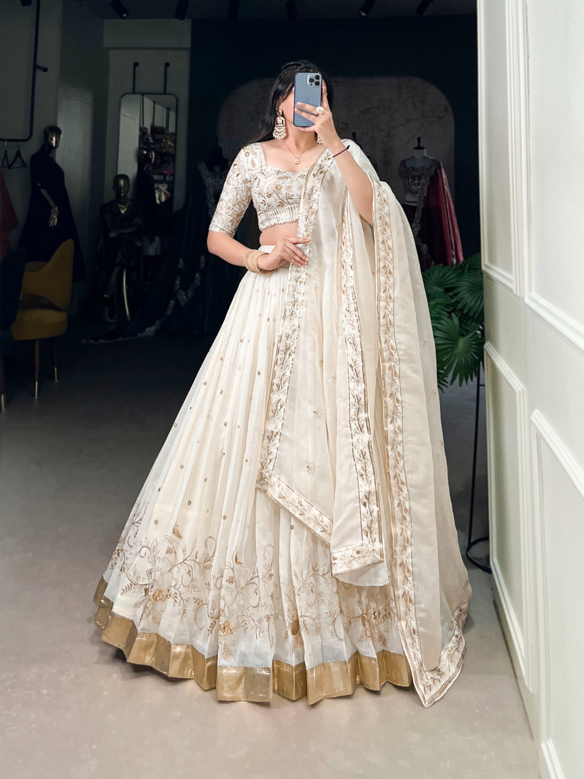 Off White Chaniya choli Silver Glossy fabric Embroidery with foil work lehenga Sequin Lehenga choli