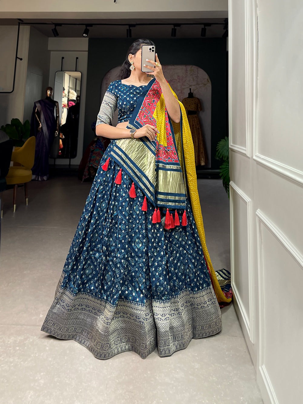 Printed Lehenga choli Viscose dola silk lehenga with Zari weaving border