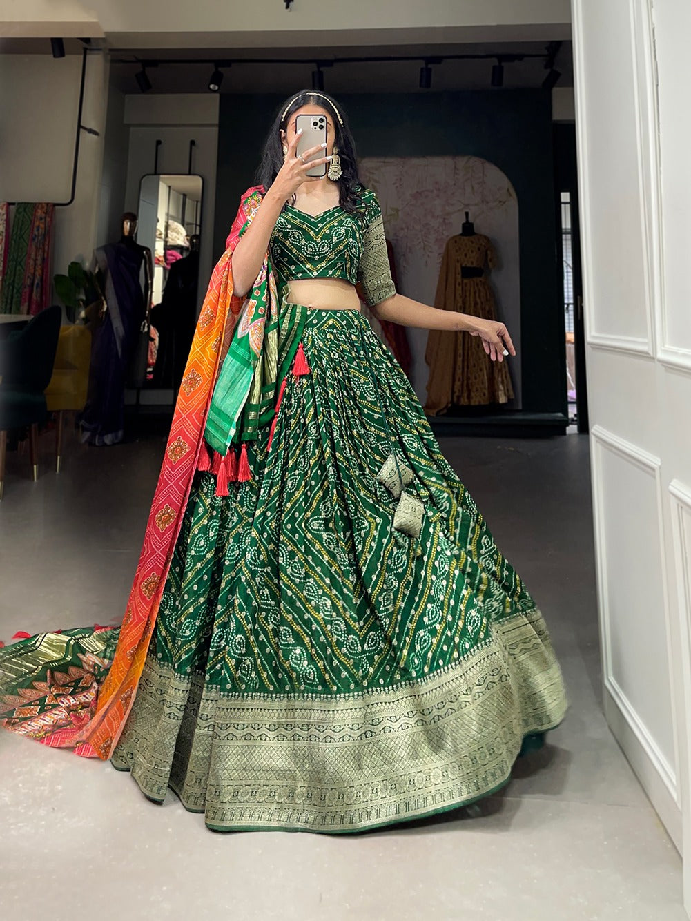 Printed Lehenga choli Viscose dola silk lehenga with Zari weaving border