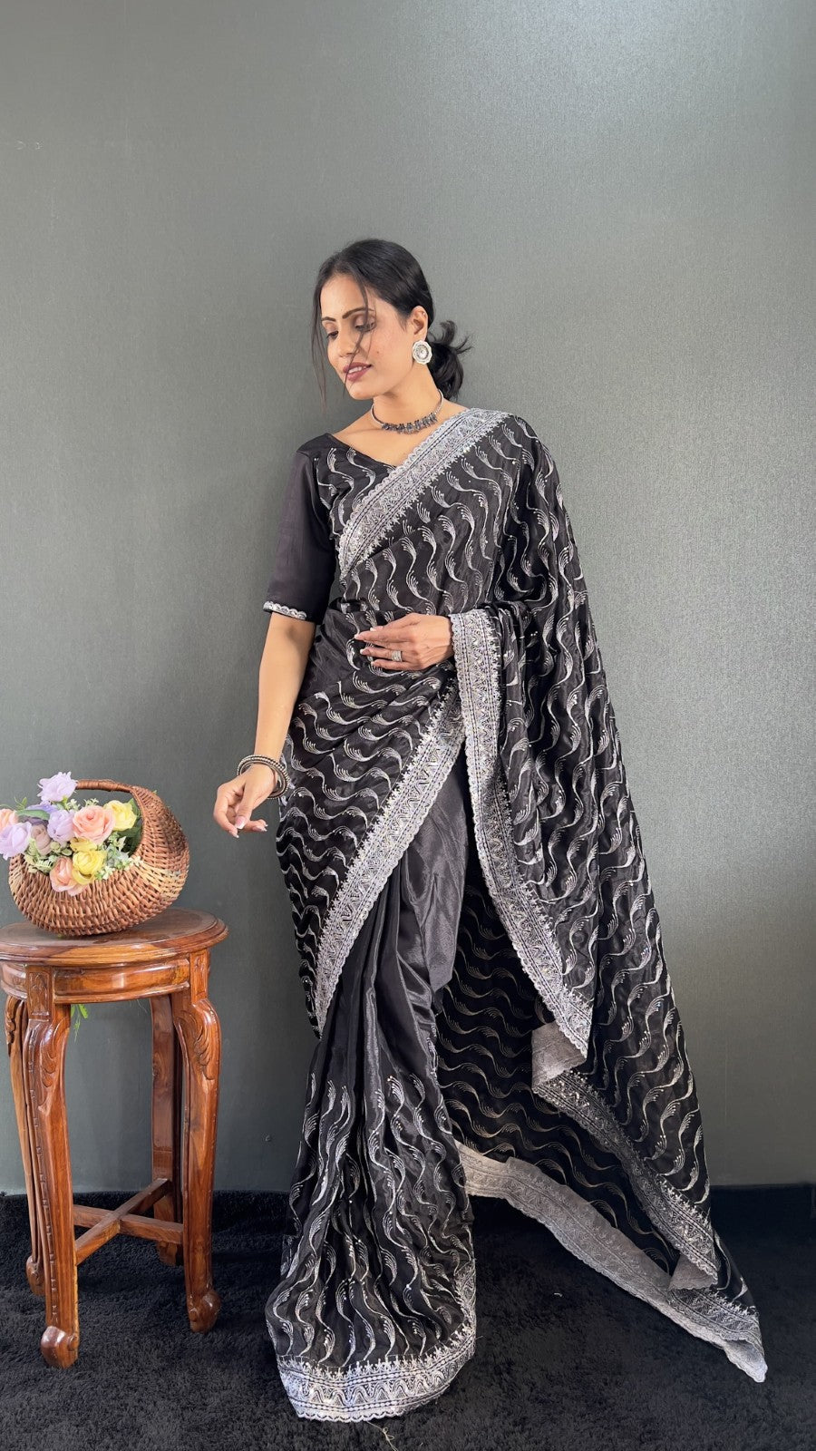 Premium chinon silk fabric Embroidery with sequins cut work Ready to wear saree