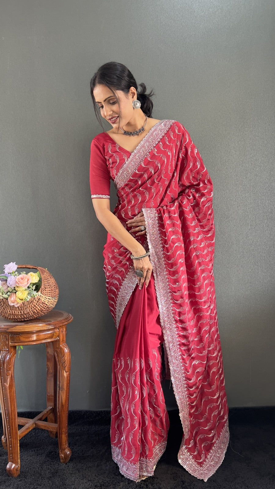 Premium chinon silk fabric Embroidery with sequins cut work Ready to wear saree