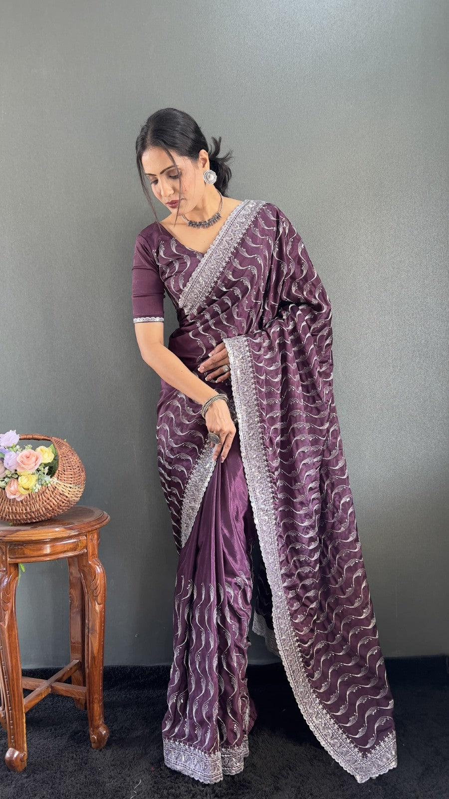 Premium chinon silk fabric Embroidery with sequins cut work Ready to wear saree
