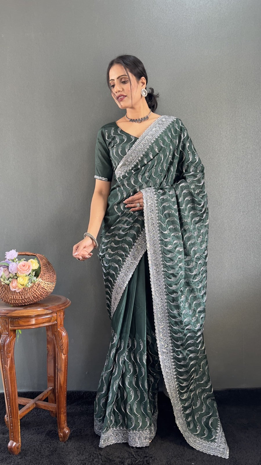 Premium chinon silk fabric Embroidery with sequins cut work Ready to wear saree