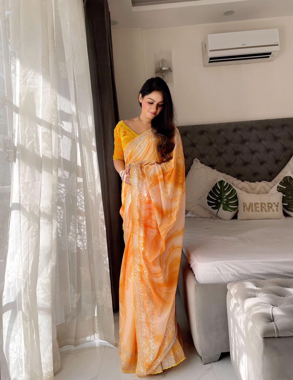 Printed saree Weight Less Fabric and Embroidery work with Sequence Arc-Cut Border