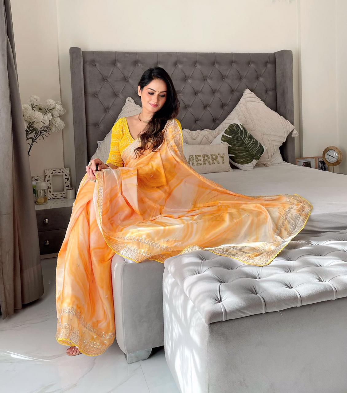 Printed saree Weight Less Fabric and Embroidery work with Sequence Arc-Cut Border