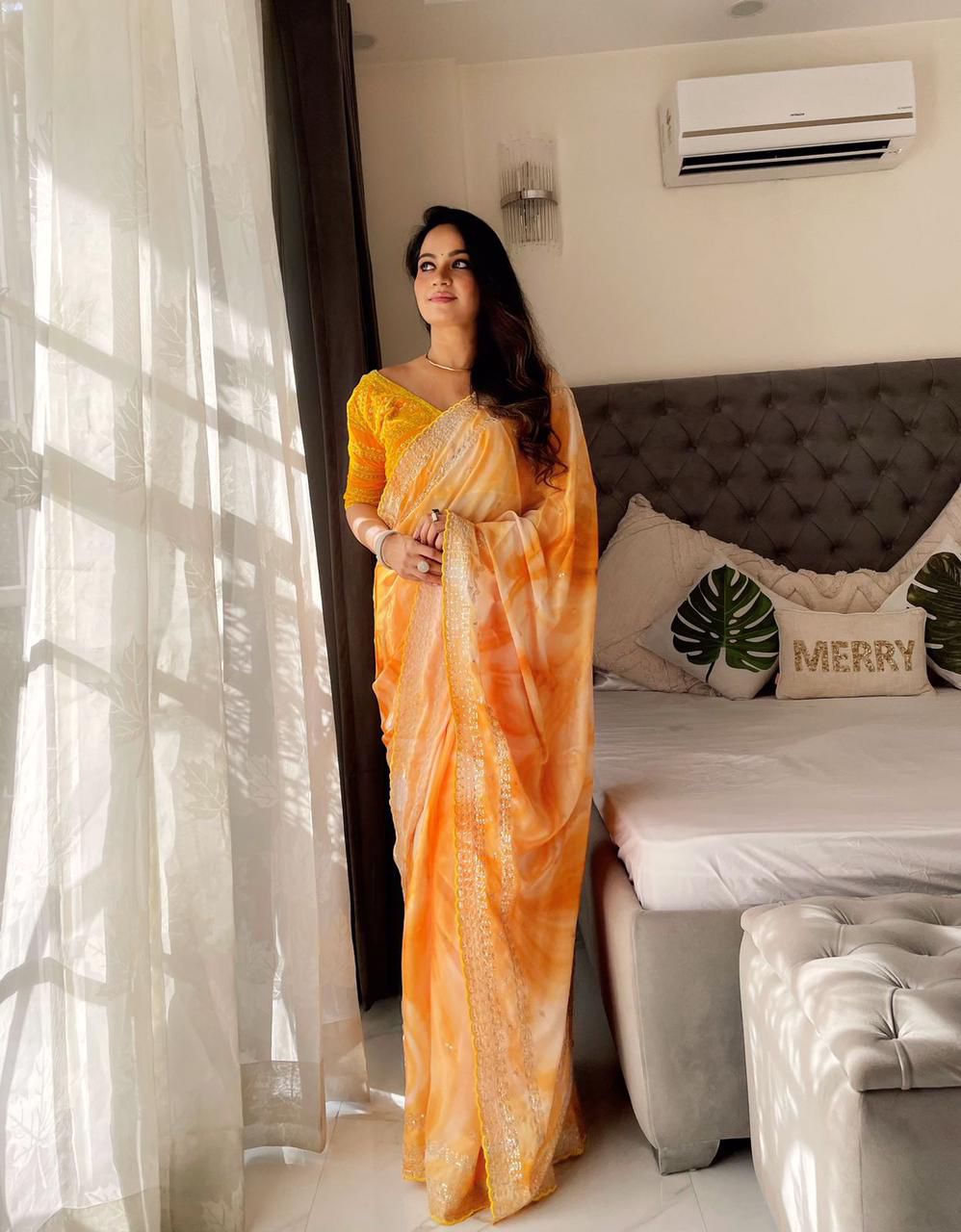 Printed saree Weight Less Fabric and Embroidery work with Sequence Arc-Cut Border