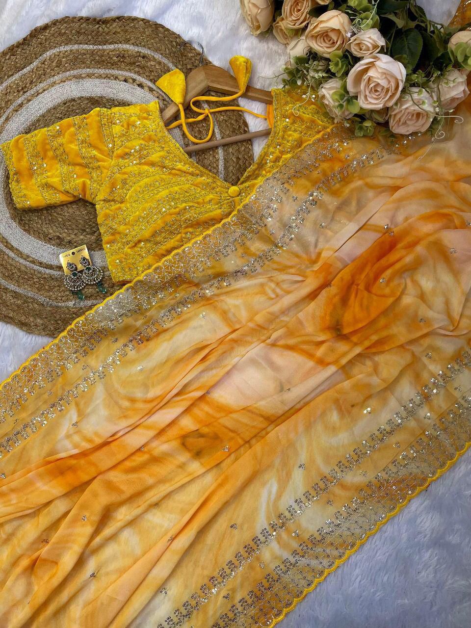 Printed saree Weight Less Fabric and Embroidery work with Sequence Arc-Cut Border