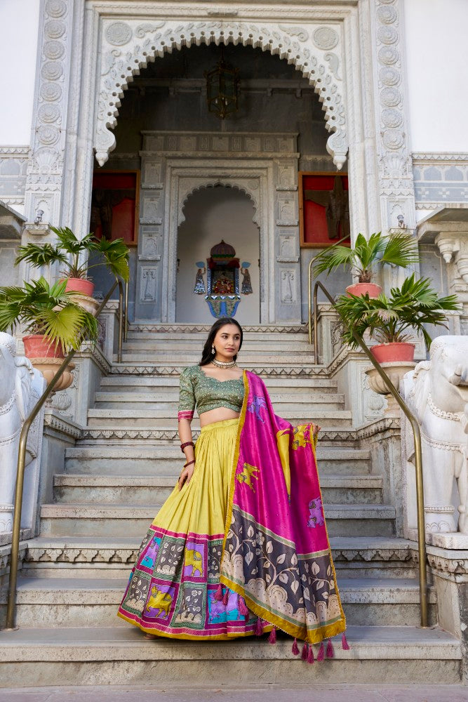 Kalamkari lehenga choli with Foil Work Tussar silk fabric