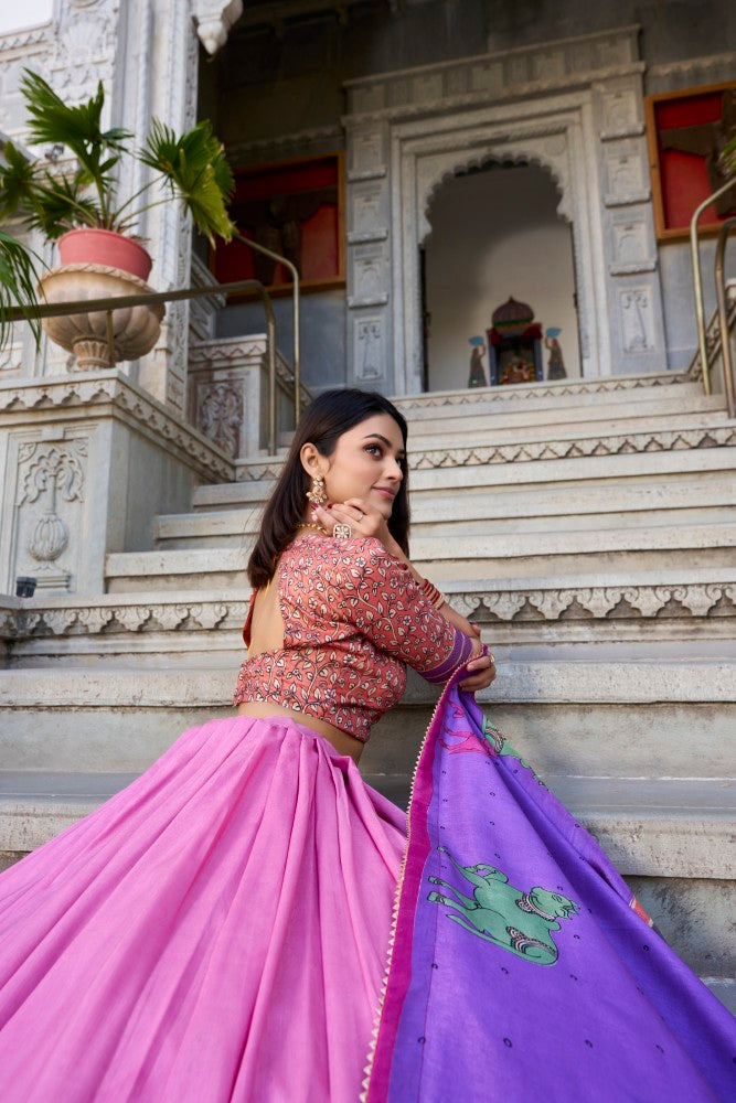 Kalamkari lehenga choli with Foil Work Tussar silk fabric