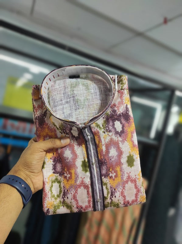 Semi Linen Kurta Pajama with Digital Printed Multi color Kurta Pajama for Men