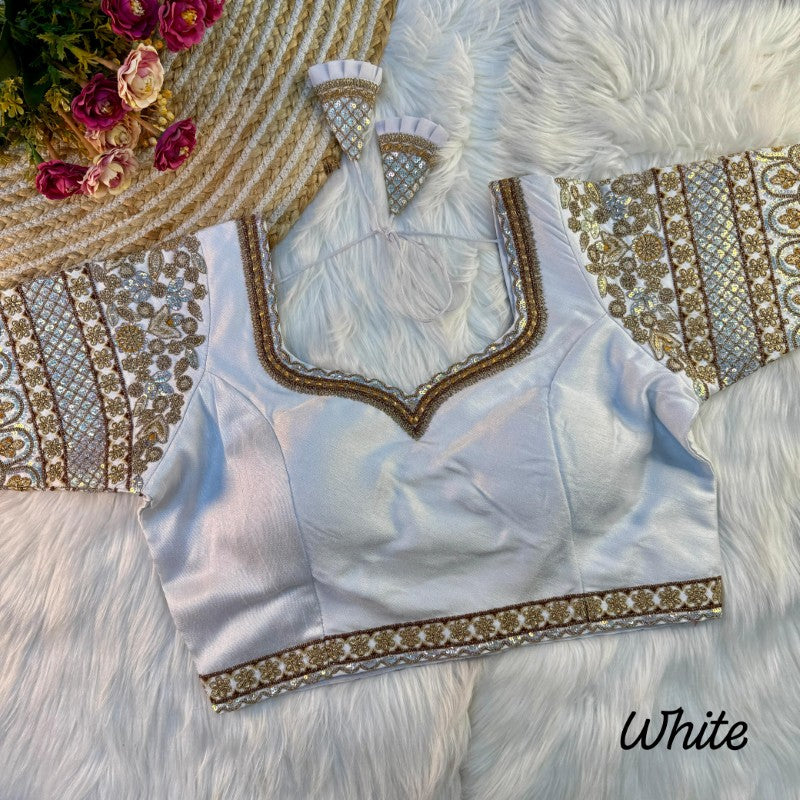 Sweetheart Neck Blouse Sequence with Embroidery work on Sleeves Soft Italian Silk fabric with Tricot Fuising