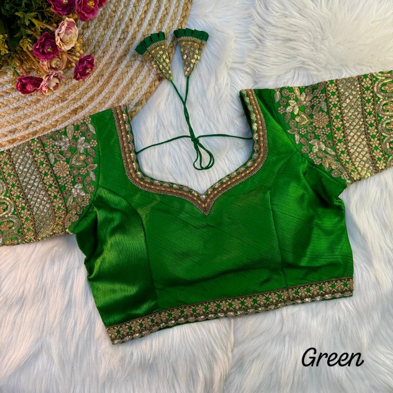 Sweetheart Neck Blouse Sequence with Embroidery work on Sleeves Soft Italian Silk fabric with Tricot Fuising