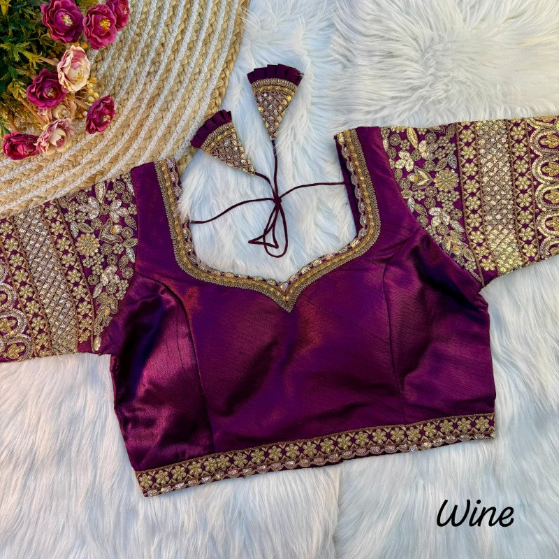 Sweetheart Neck Blouse Sequence with Embroidery work on Sleeves Soft Italian Silk fabric with Tricot Fuising