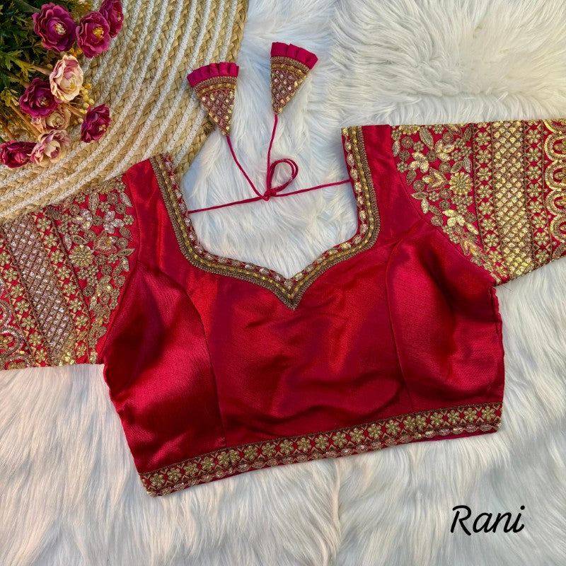 Sweetheart Neck Blouse Sequence with Embroidery work on Sleeves Soft Italian Silk fabric with Tricot Fuising