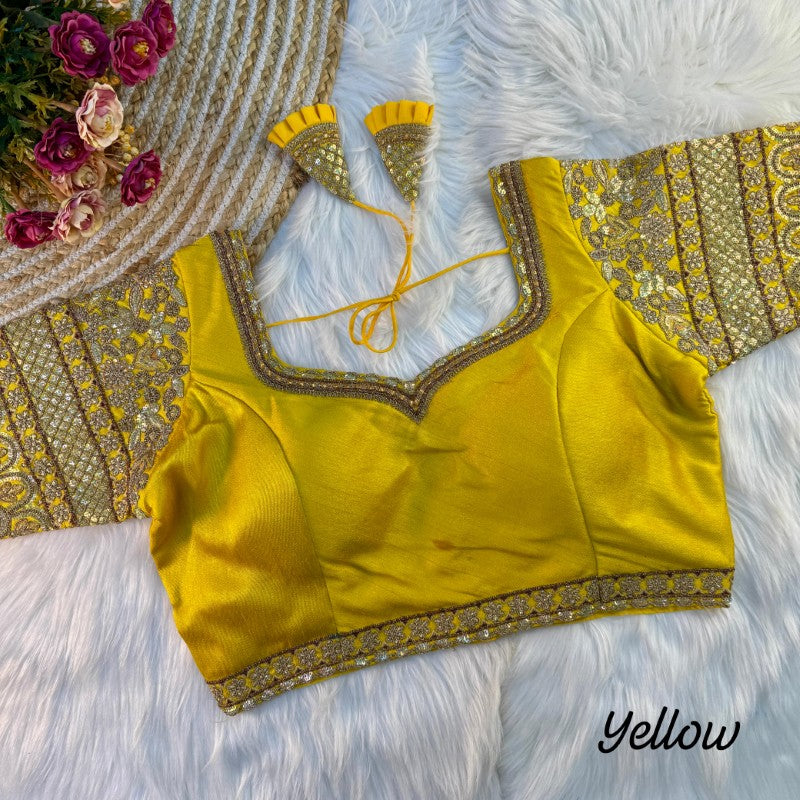Sweetheart Neck Blouse Sequence with Embroidery work on Sleeves Soft Italian Silk fabric with Tricot Fuising