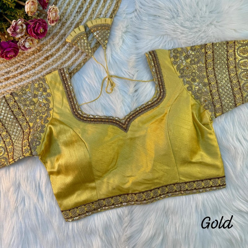 Sweetheart Neck Blouse Sequence with Embroidery work on Sleeves Soft Italian Silk fabric with Tricot Fuising