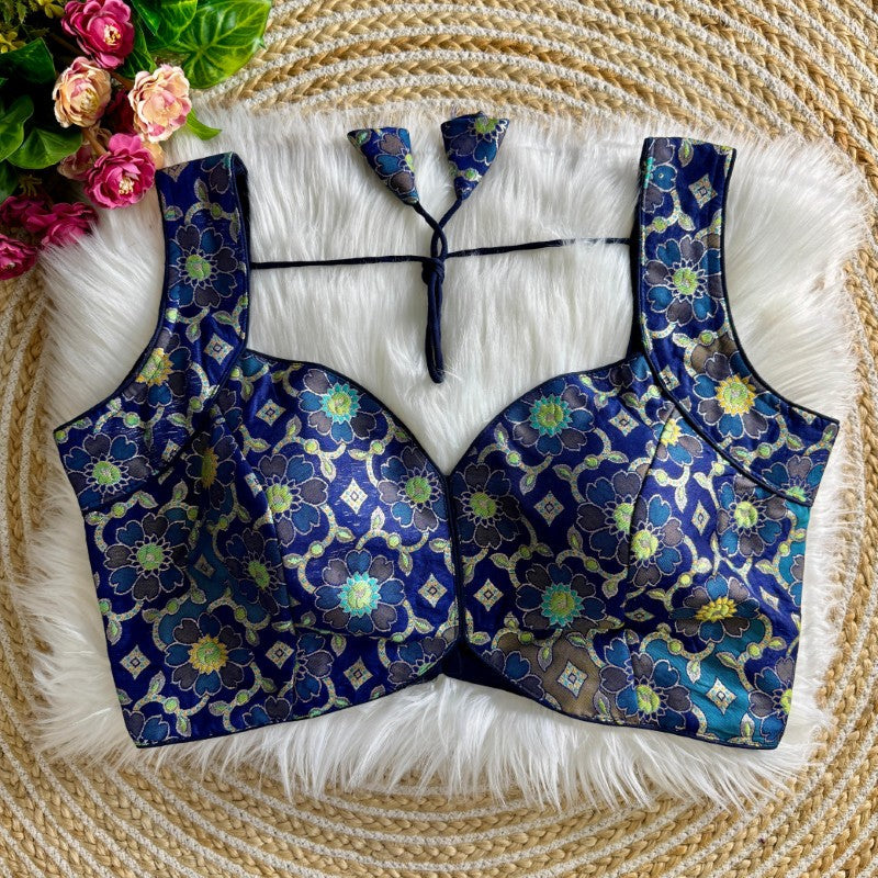 Sleeveless Blouse Jacquard silk with Flower Print back open Style