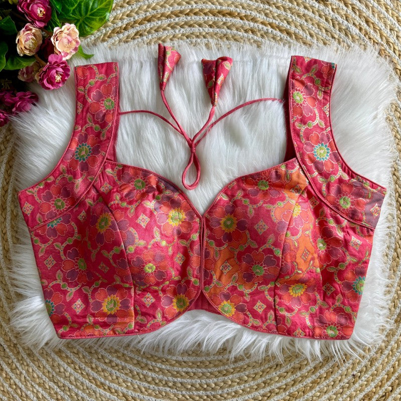 Sleeveless Blouse Jacquard silk with Flower Print back open Style