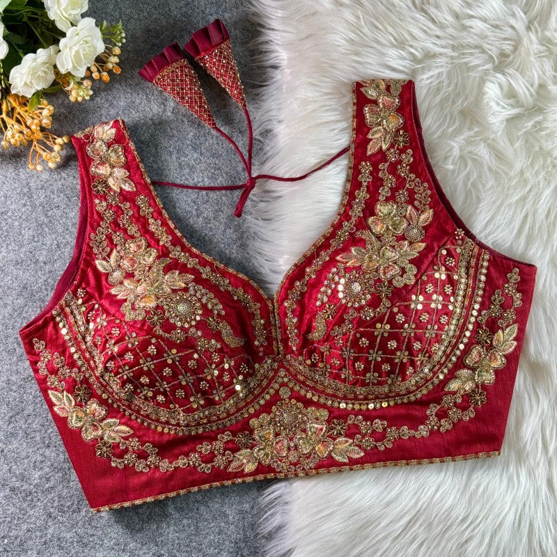 Sleeveless Blouse Sequence Codding Thread and Handwork Soft Italian Silk Fabric
