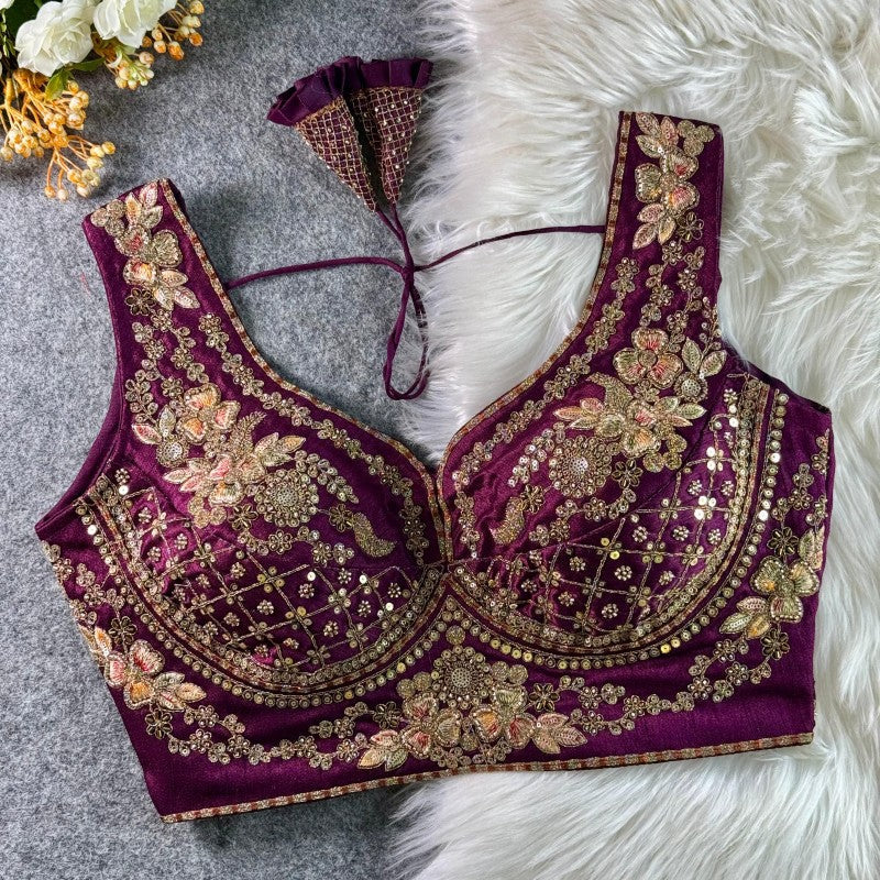 Sleeveless Blouse Sequence Codding Thread and Handwork Soft Italian Silk Fabric