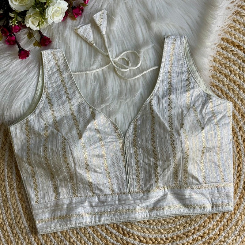 Sleeveless Blouse Jacquard Dola Silk Fabric with Crochet work back side hook closure