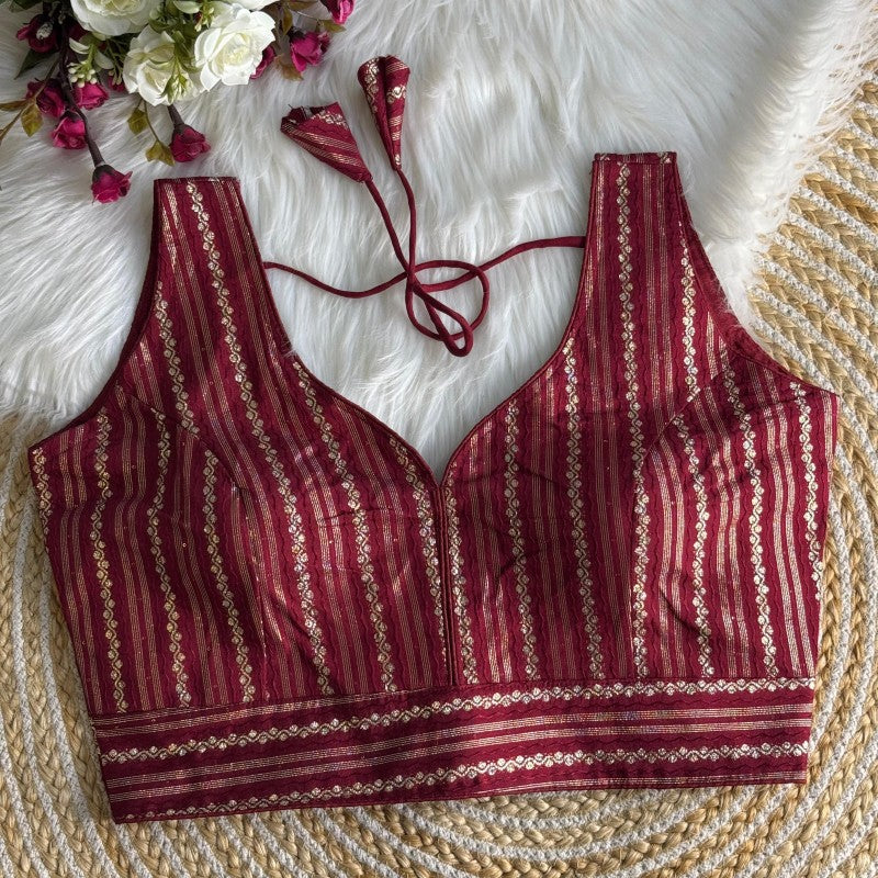 Sleeveless Blouse Jacquard Dola Silk Fabric with Crochet work back side hook closure