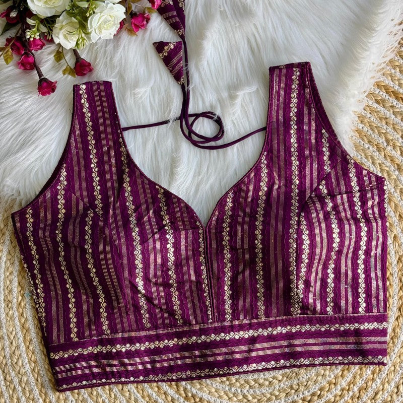 Sleeveless Blouse Jacquard Dola Silk Fabric with Crochet work back side hook closure