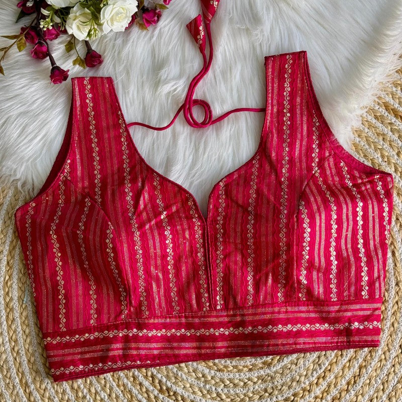 Sleeveless Blouse Jacquard Dola Silk Fabric with Crochet work back side hook closure
